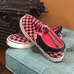 Black and Pink Checkered Vans Slipon